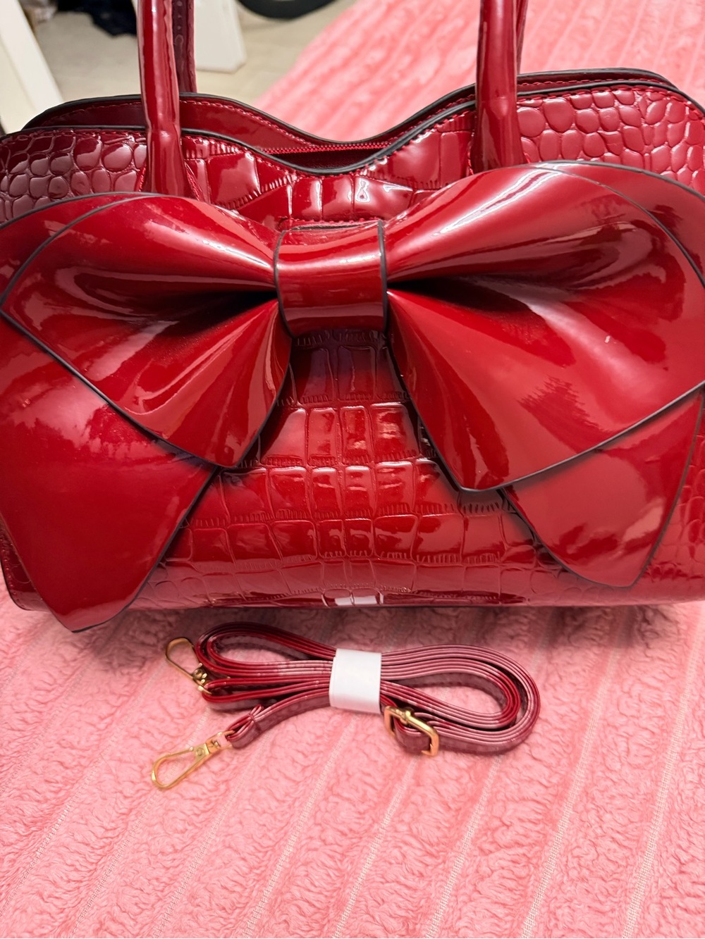 Patent Croc-Embossed Satchel with Statement Bow in Red